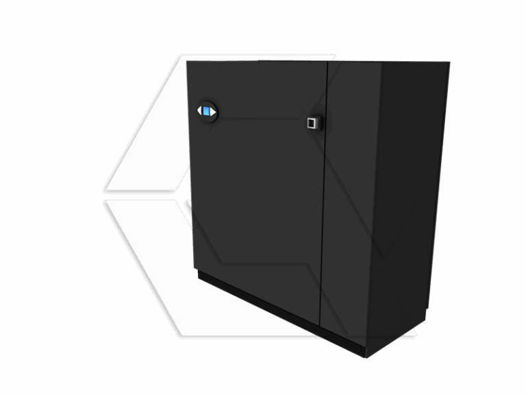 A black, rectangular industrial cabinet with a small square handle and a circular indicator, positioned in front of a faint geometric hexagonal design on a light background.