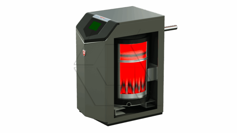 A digital rendering of a modern industrial furnace or heater with a transparent front showing red-hot coils and flames inside, indicating it is in operation. The device has a digital control panel on the top front.