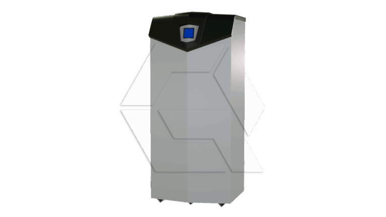 A large, rectangular, silver and black industrial machine with a small blue screen on its upper front, standing on a plain white background.