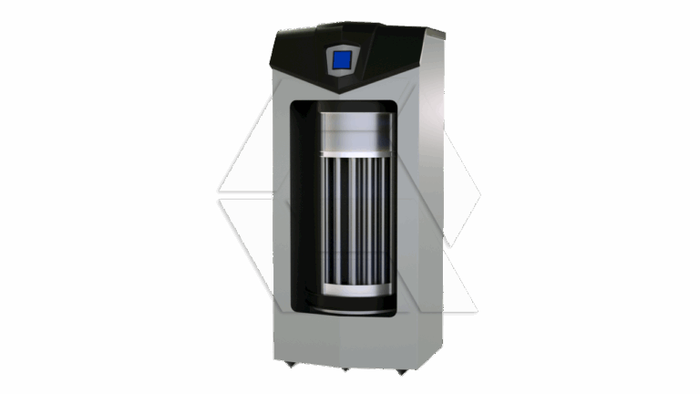 A modern, rectangular, silver and black machine with a transparent cylindrical chamber in the center and a small blue display at the top. The device stands on wheels and has a sleek, industrial design.