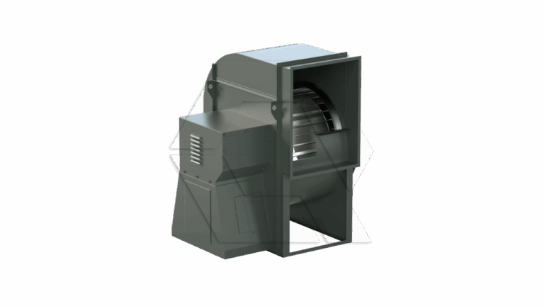 A 3D-rendered image of a large industrial centrifugal fan with a rectangular intake and visible impeller, shown in a gray metallic finish on a plain white background.