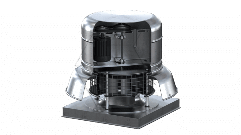 A metallic industrial ventilation fan is shown with its outer casing partially cut away to reveal internal components, including a motor, wiring, and fan blades, all mounted on a square base.