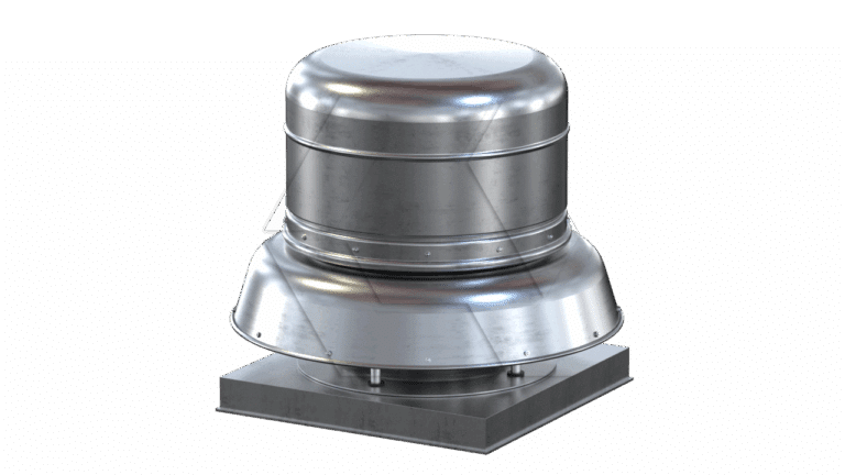 A metallic industrial roof exhaust fan with a rounded top and a wide base mounted on a square platform, shown against a plain white background.