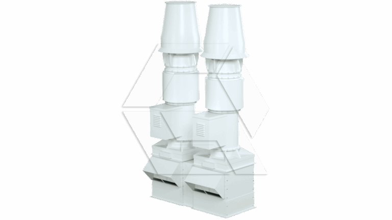 Two large industrial exhaust or ventilation units, each with a rectangular base, cylindrical midsection, and tall conical top, all in white, standing side by side against a light background.