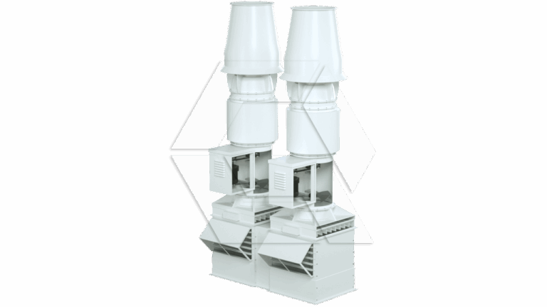 Two large, white industrial ventilation or air filtration units stand side by side, each with a cylindrical exhaust on top and rectangular base components. The background is plain and light-colored.