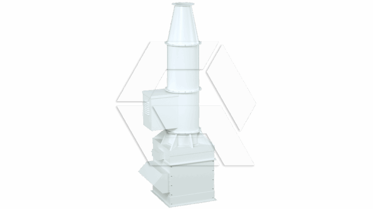 A tall, white industrial exhaust or ventilation unit with a conical top and box-shaped base, standing upright against a plain light background.