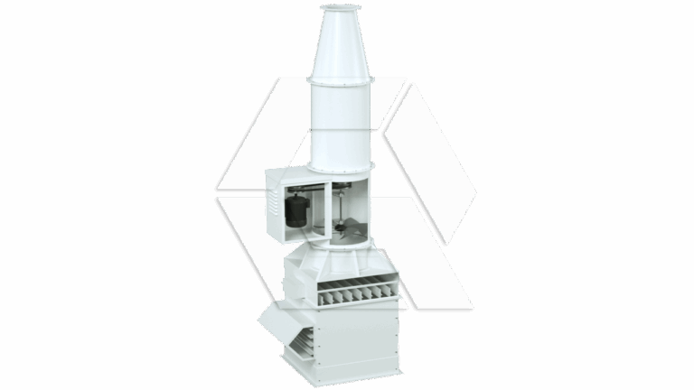 A white industrial machine with a tall cylindrical vent, visible internal mechanisms, vents, and an open side panel, set against a plain background.