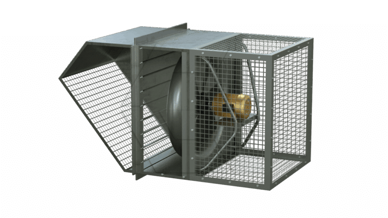 A large industrial ventilation fan is enclosed in a metal wire grid casing, with an angled metal hood on one side and a visible yellow motor inside the protective cage. The background is plain white.