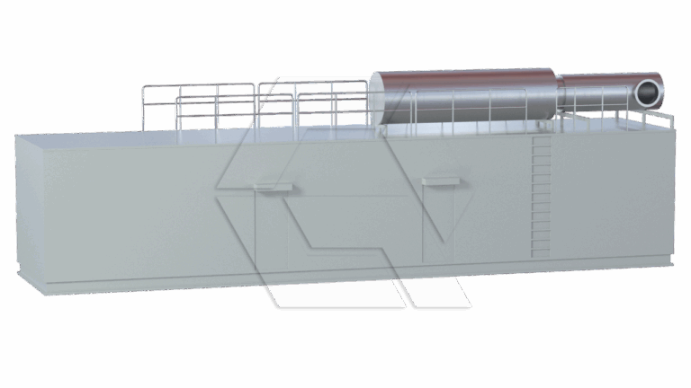 A large rectangular industrial machine features a cylindrical metallic component on top, surrounded by safety railings and a ladder on the side, all set against a white background.
