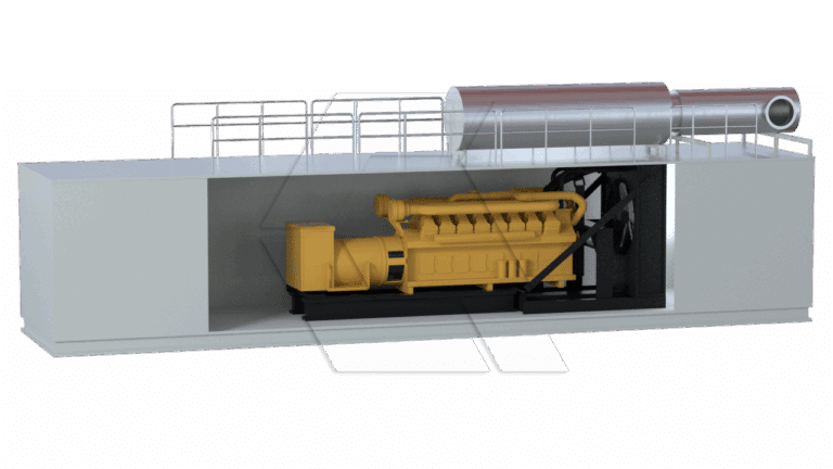A large industrial generator with a yellow engine is enclosed in a rectangular white housing, featuring a metal exhaust system and railings on top.