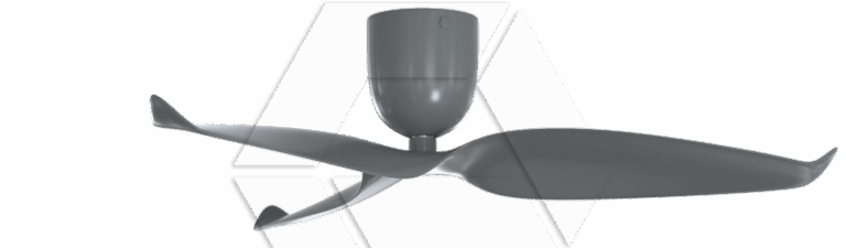 A modern, gray ceiling fan with three curved blades is shown against a light background with geometric shapes faintly visible.