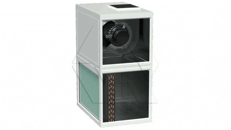 A 3D-rendered image of a rectangular industrial air handling unit from the Equipment Library - Air Units, showing internal components like a fan, filter, and copper coil, with transparent panels revealing the inside.