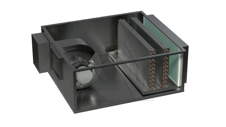 A digital rendering of an industrial HVAC unit with a visible blower fan, filters, and copper coil heat exchangers inside a rectangular metal housing.