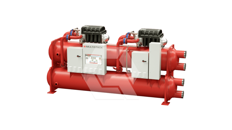 A red industrial chiller unit with two control panels, multiple pipes, wiring, and black component housings, set against a plain white background.