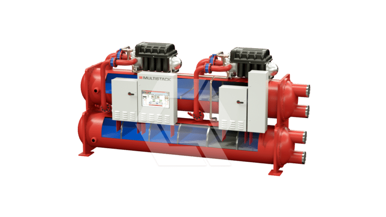 A red industrial chiller unit with two black compressors on top, control panels on the front, and multiple pipe connections on the right side, set against a white background.
