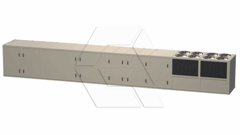 Long beige industrial HVAC unit with multiple cabinet doors and two sections containing large fans and black vent grills, set against a plain white background.
