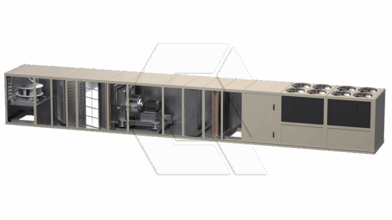 A large, rectangular industrial HVAC unit with several compartments, visible internal components, fans on the right side, and metal housing, viewed from an angled perspective on a plain background.