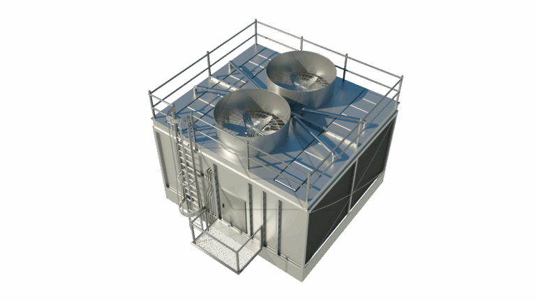 A 3D rendering of an industrial cooling tower unit with two large fans on top, metal railings, and an access ladder on the side, isolated on a white background.