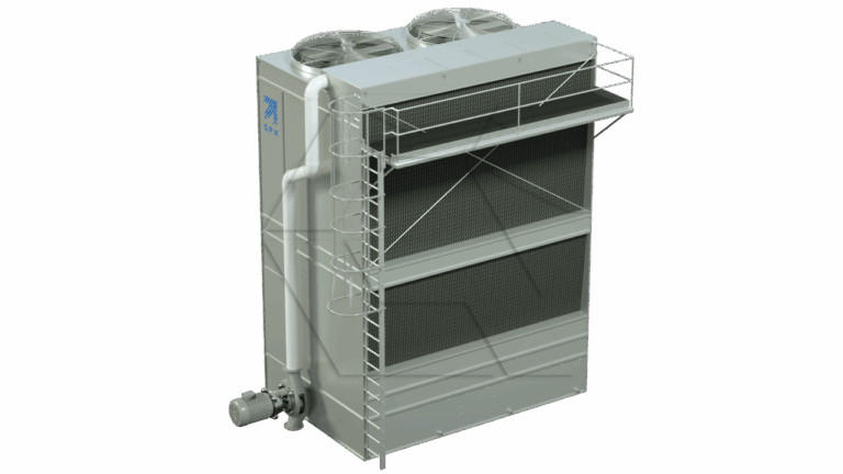A large industrial cooling tower with two fans on top, a spiral safety ladder, piping, a platform, and a pump at the base. The structure is metallic with a mesh-like panel on the front.