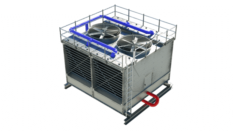 A large industrial cooling tower with multiple fans on top, blue and red pipes attached, and metal grating along the sides, used for heat exchange in HVAC systems.