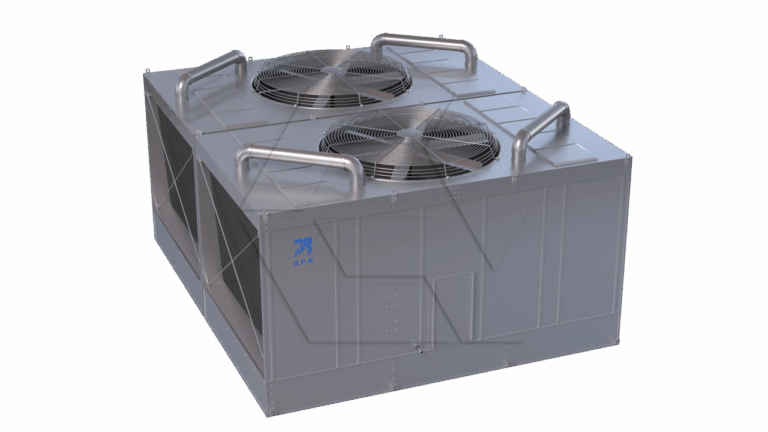 A large industrial HVAC unit with two circular fans on top, metal handles on each corner, and vented side panels, featuring the SPX logo on the side. The background is plain white.