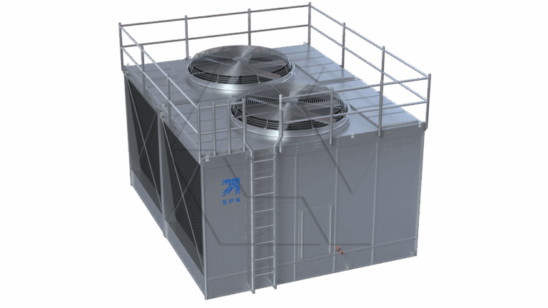 A large industrial cooling tower with two circular fans on top, metal railings around the roof, a safety ladder on the side, and SPX branding on the front panel.