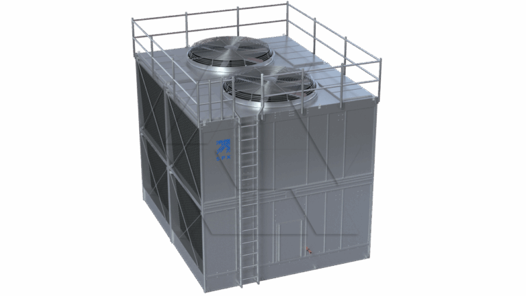 A large industrial cooling tower with two circular fans on top, surrounded by metal safety railings and a vertical ladder on the side, set against a plain white background.