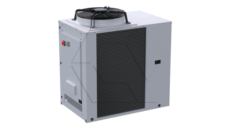 A gray industrial air conditioning unit with a large black vent on the front and a circular fan on top, set against a plain white background.