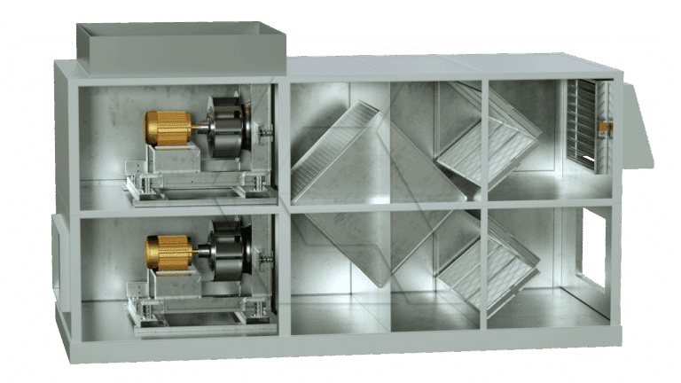 A cutaway view of an industrial air handling unit shows two large motors, fans, filters, and angled metal ducts inside a rectangular metal housing.