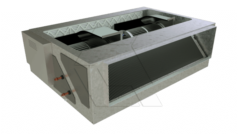 A 3D-rendered image of a ceiling cassette air conditioning unit with visible internal components, including fans and coils, housed in a metallic casing with two copper pipes on the side.