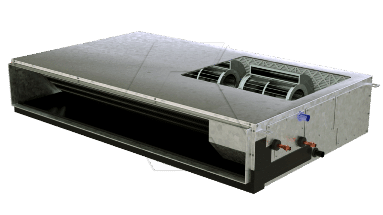 A rectangular, metal ducted air conditioning unit with visible internal fans and connectors, designed for ceiling or wall installation in HVAC systems.
