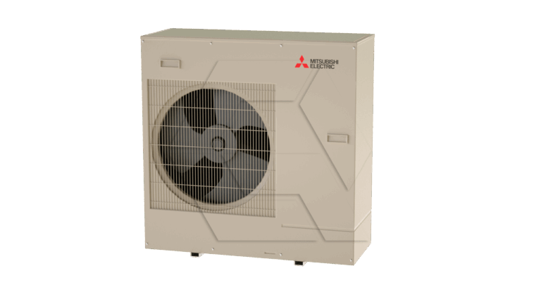 A beige Mitsubishi Electric outdoor air conditioning unit with a large circular fan grill on the front, standing against a plain white background.