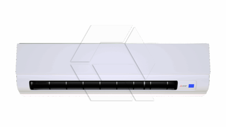 A white wall-mounted air conditioner unit with a black vent and a small display panel on the right side, set against a plain light background.