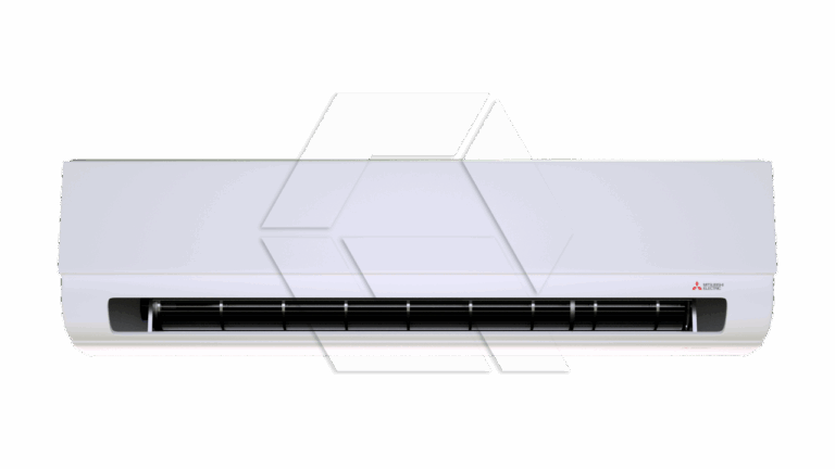 A white wall-mounted air conditioner unit with a black vent, photographed against a plain light background.