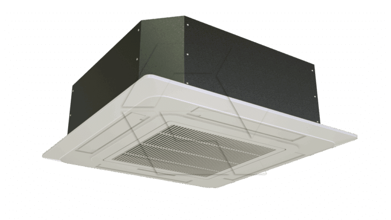 A ceiling-mounted cassette air conditioning unit with a white vented panel and a black metal housing, viewed from below against a plain background.