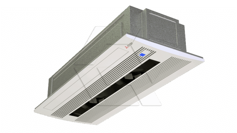 A ceiling-mounted cassette air conditioning unit with multiple vents and a gray duct system, viewed from below against a plain white background.
