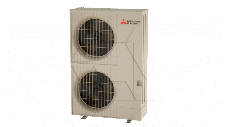 A beige Mitsubishi Electric outdoor air conditioning unit with two large circular fans stacked vertically and protective grills on the front.