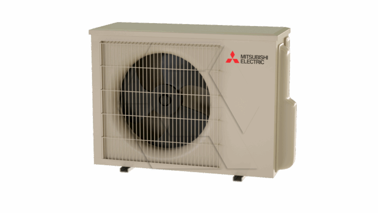 A beige Mitsubishi Electric outdoor air conditioning unit is shown with a large fan behind a protective metal grille and the brand logo on the upper right corner. The unit stands on two small black feet against a plain background.