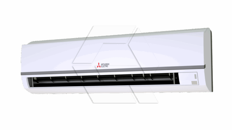 A white wall-mounted Mitsubishi Electric air conditioner unit with a vent at the bottom and control panel on the right side, isolated on a plain background.