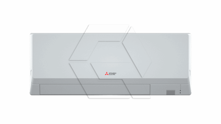 A white Mitsubishi Electric wall-mounted air conditioner unit with a minimalistic design, viewed from the front against a plain background.