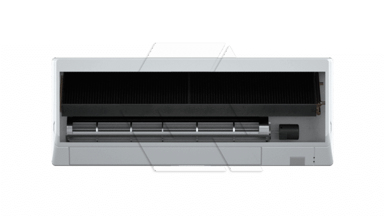 A front view of a white wall-mounted air conditioner unit with its cover open, revealing the internal components such as the fan, evaporator coils, and filters.