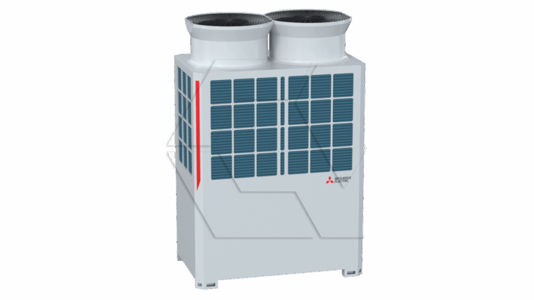 A white Mitsubishi Electric industrial air conditioning unit with two large fans on top and blue ventilation panels on the front and side.