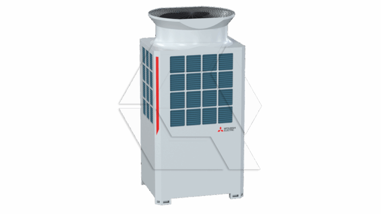 A white Mitsubishi Electric outdoor HVAC unit with blue vent panels and a cylindrical top exhaust, shown against a plain light background.