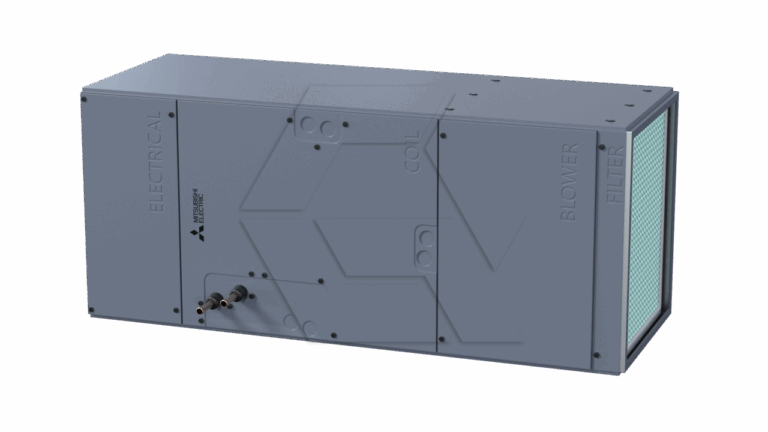 Rectangular gray metal HVAC unit from the Equipment Library -Air Units collection, with labeled sections: "ELECTRICAL," "COIL," "BLOWER," and "FILTER." The filter section displays a green filter, and two pipes extend from the side.
