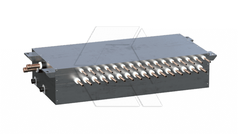 A rectangular metal device featuring two rows of evenly spaced cylindrical connectors on one side and two larger pipe connectors on the adjacent side, against a plain white background.