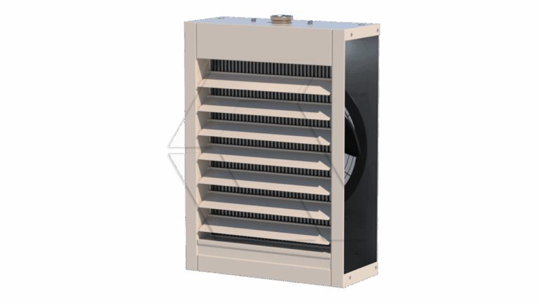 A beige industrial wall-mounted heater with horizontal slats on the front and a large black fan visible on the side, set against a plain white background.