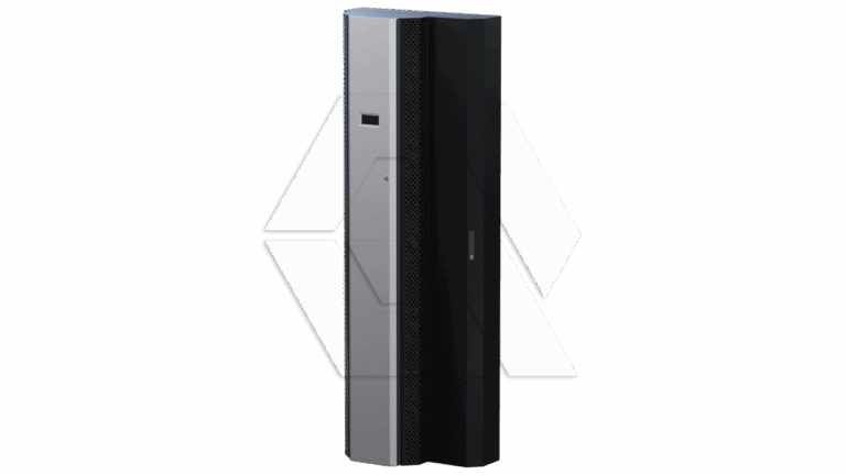 A tall, slim, black and gray electronic device with a rectangular display near the top, standing upright against a plain white background.