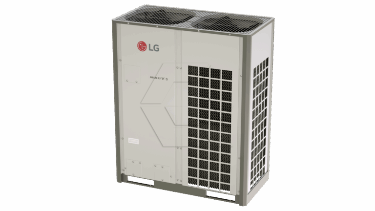 A large, rectangular LG outdoor HVAC unit with ventilation grilles and the LG logo on the upper left, designed for heating and cooling buildings.