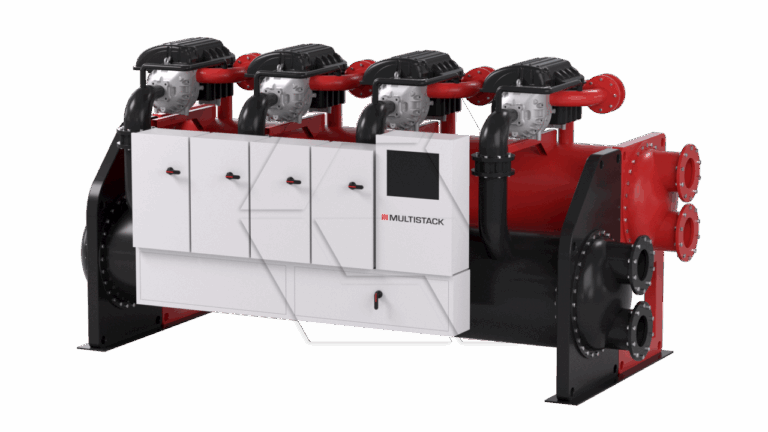 A large industrial chiller unit with four black compressors on top, red and black piping, and a white control panel on the front labeled "Multistack." The machine is designed for heating or cooling applications.