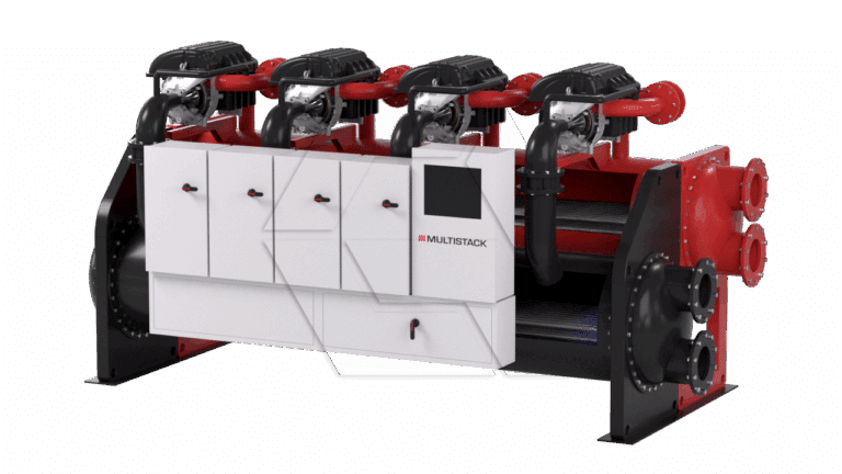 A large industrial chiller with multiple black and red compressor units on top, a white rectangular control panel labeled “MULTISTACK,” and several large pipes attached to the sides.